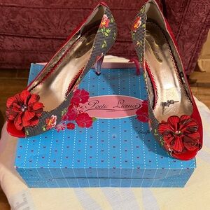 Poetic License Red Floral Peep Toe Heels with Multicolor Floral Print